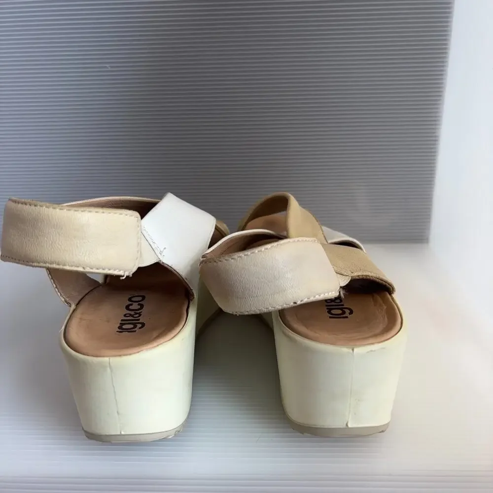 IGI&CO Italy Leather Platform Wedge Sandals White Beige Womens EU 38 US 7-7.5